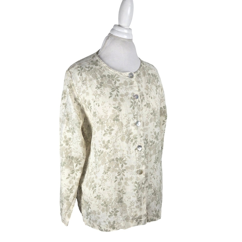 Vtg PA Company Boston M/L Linen Floral Mother of Pearl Button Blouse Beige Green
